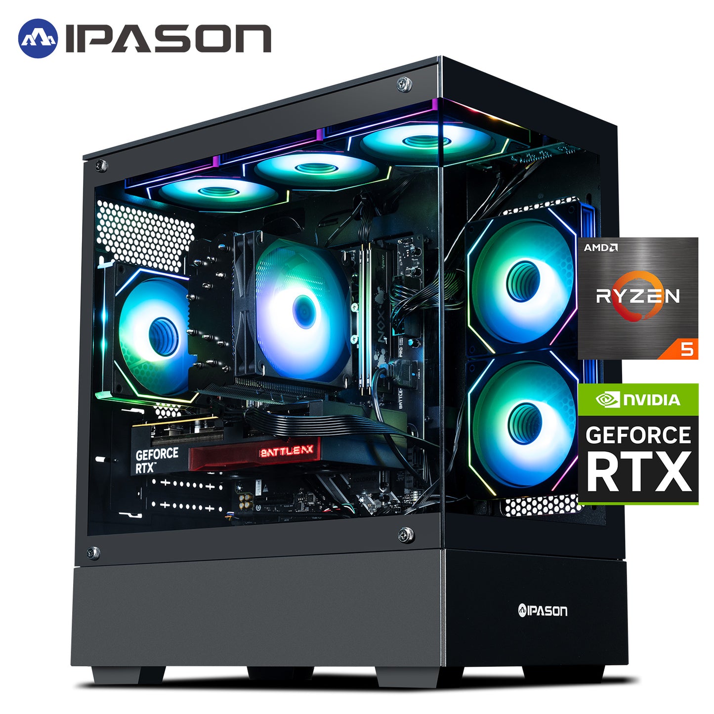 IPASON Xelra Gaming Desktop PC,AMD Ryzen5 9600X,Geforce RTX 5060 8G,32GB DDR5,1TB NVMe SSD,Wi-Fi,Windows 11 Home,Black Prebuilt Pc Computer