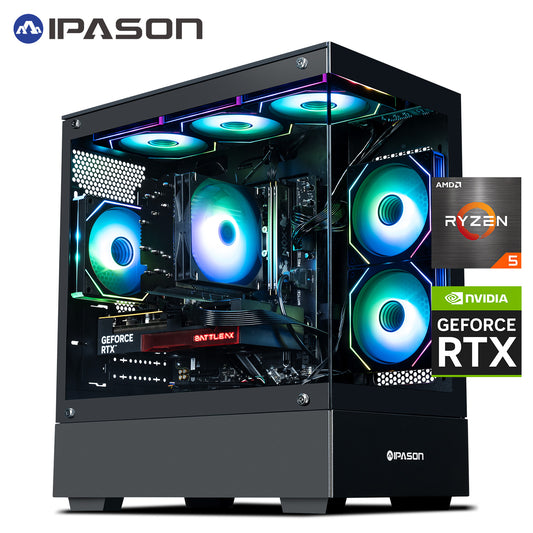 IPASON Xelra Gaming Desktop PC,AMD Ryzen5 9600X,Geforce RTX 5060 8G,32GB DDR5,1TB NVMe SSD,Wi-Fi,Windows 11 Home,Black Prebuilt Pc Computer