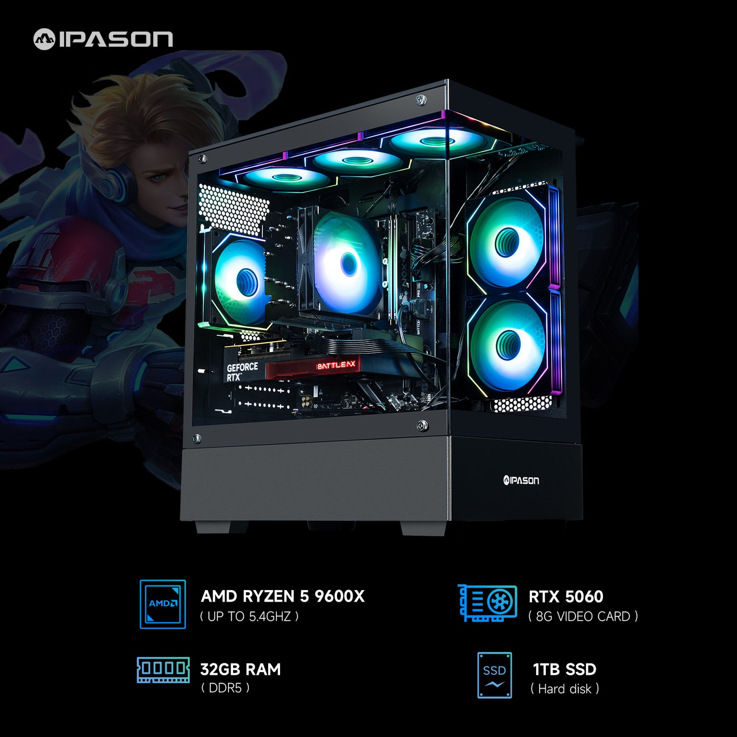 IPASON Xelra Gaming Desktop PC,AMD Ryzen5 9600X,Geforce RTX 5060 8G,32GB DDR5,1TB NVMe SSD,Wi-Fi,Windows 11 Home,Black Prebuilt Pc Computer