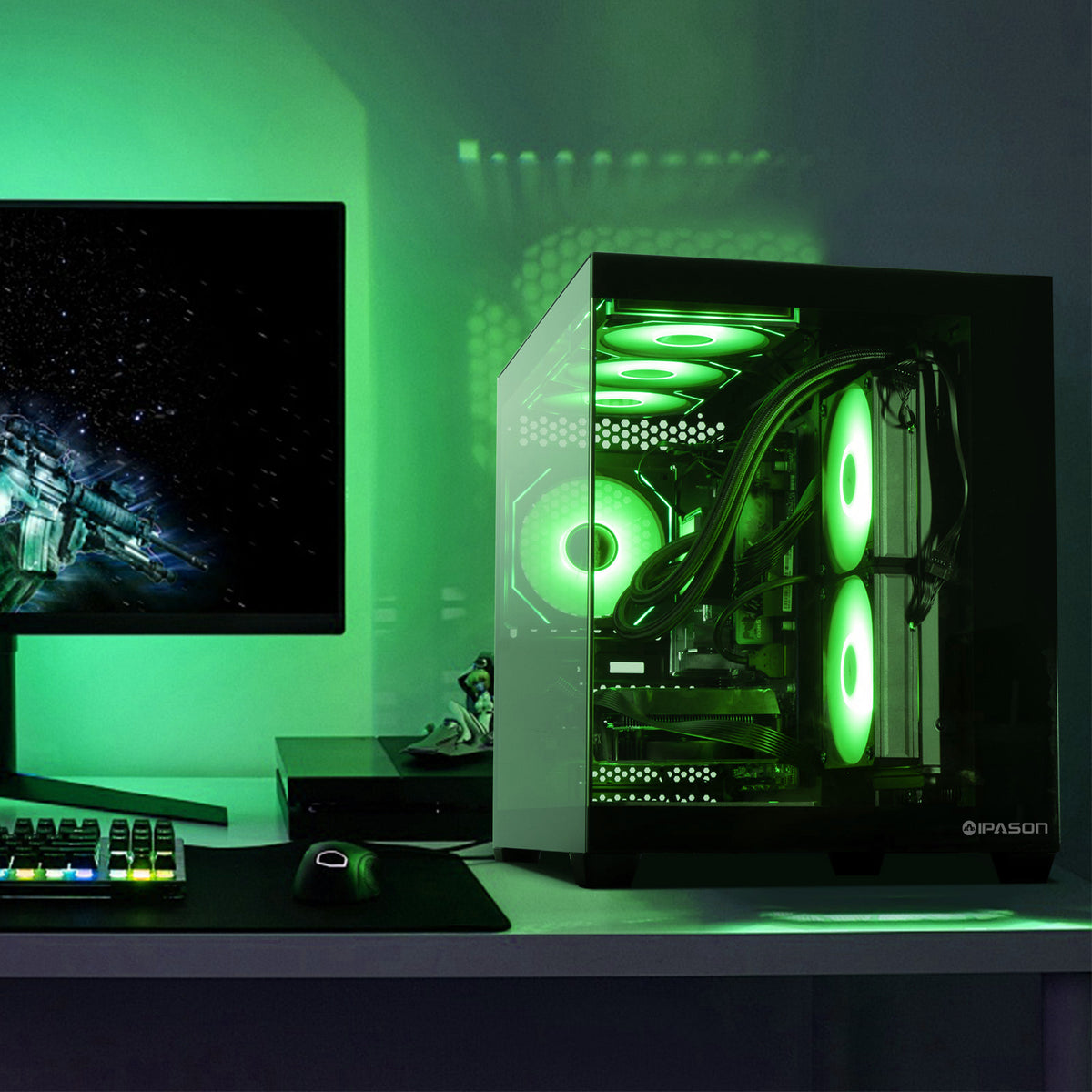 IPASON Prebuilt Gaming Desktop PC, Ryzen 7 5700X, RX 9060 XT 8GB 16GB DDR4 RAM, 1TB NVMe SSD, 550W PSU, Liquid Cooler, Wi-Fi, RGB Fans, Windows 11