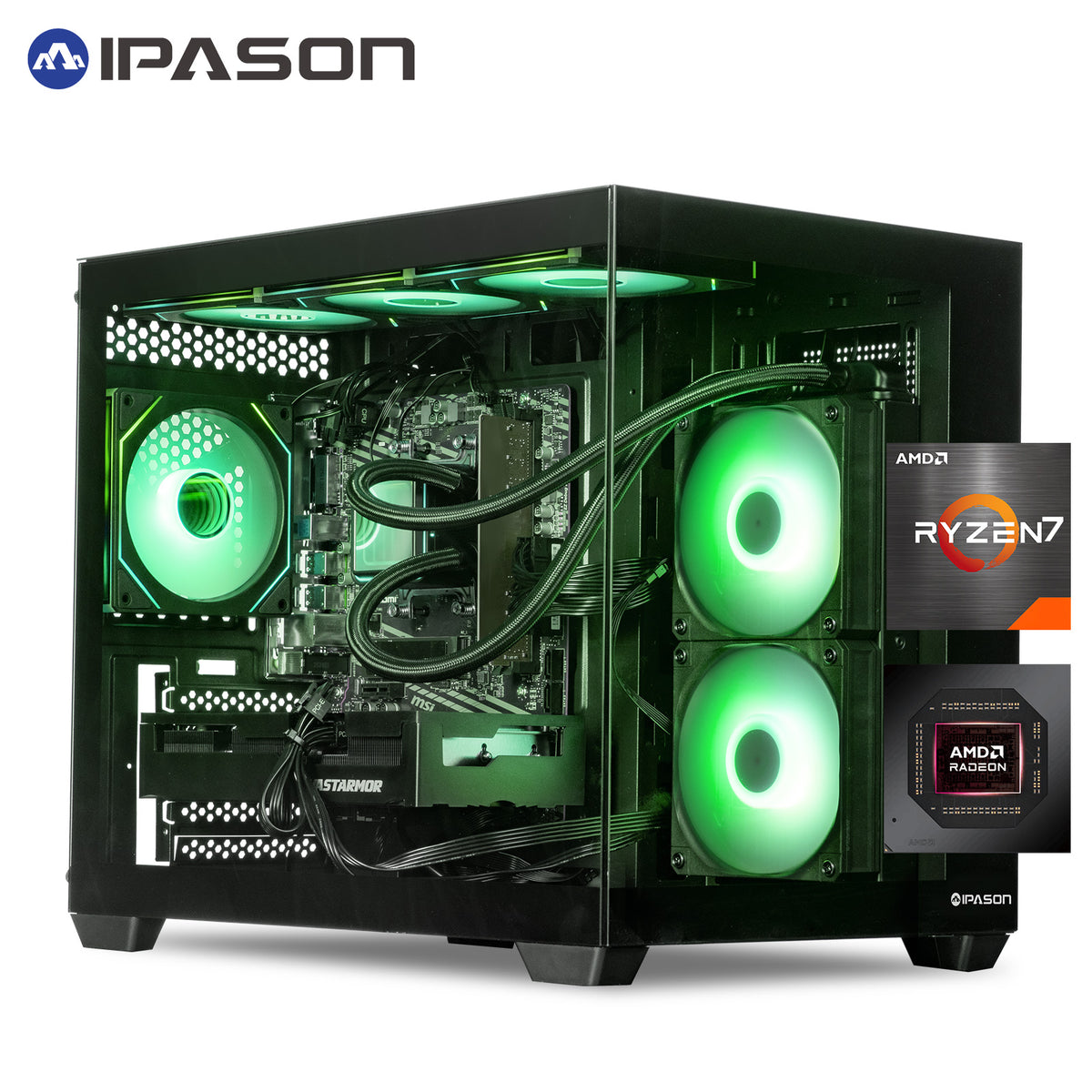 IPASON Prebuilt Gaming Desktop PC, Ryzen 7 5700X, RX 9060 XT 8GB 16GB DDR4 RAM, 1TB NVMe SSD, 550W PSU, Liquid Cooler, Wi-Fi, RGB Fans, Windows 11