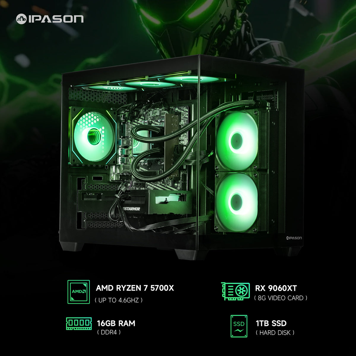 IPASON Prebuilt Gaming Desktop PC, Ryzen 7 5700X, RX 9060 XT 8GB 16GB DDR4 RAM, 1TB NVMe SSD, 550W PSU, Liquid Cooler, Wi-Fi, RGB Fans, Windows 11