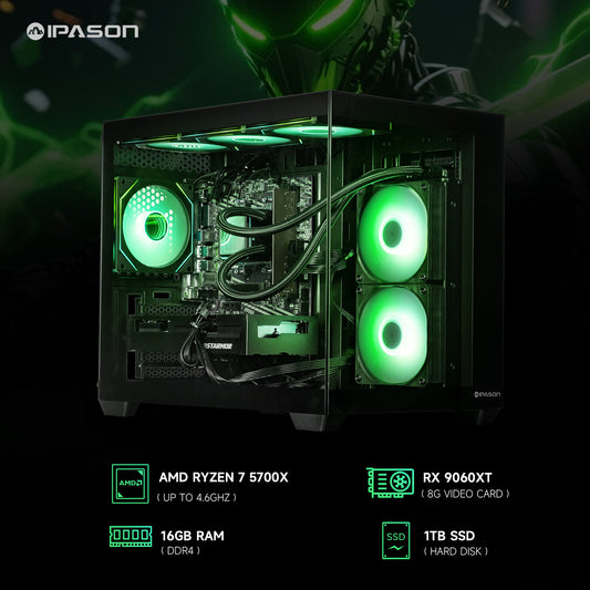 IPASON Prebuilt Gaming Desktop PC, Ryzen 7 5700X, RX 9060 XT 8GB 16GB DDR4 RAM, 1TB NVMe SSD, 550W PSU, Liquid Cooler, Wi-Fi, RGB Fans, Windows 11