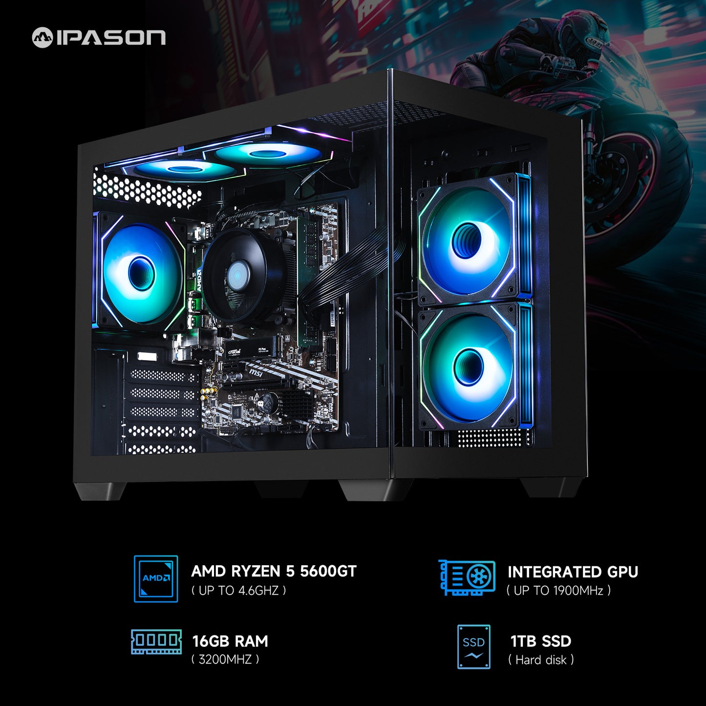 IPASON gaming desktop AMD Ryzen 5 5600GT (6 core up to 4.6GHz) AMD Radeon Vega 7 16GB DDR4 3200MHz 1TB M.2 NVMe 550W PSU Windows 11 home WIFI Gaming PC