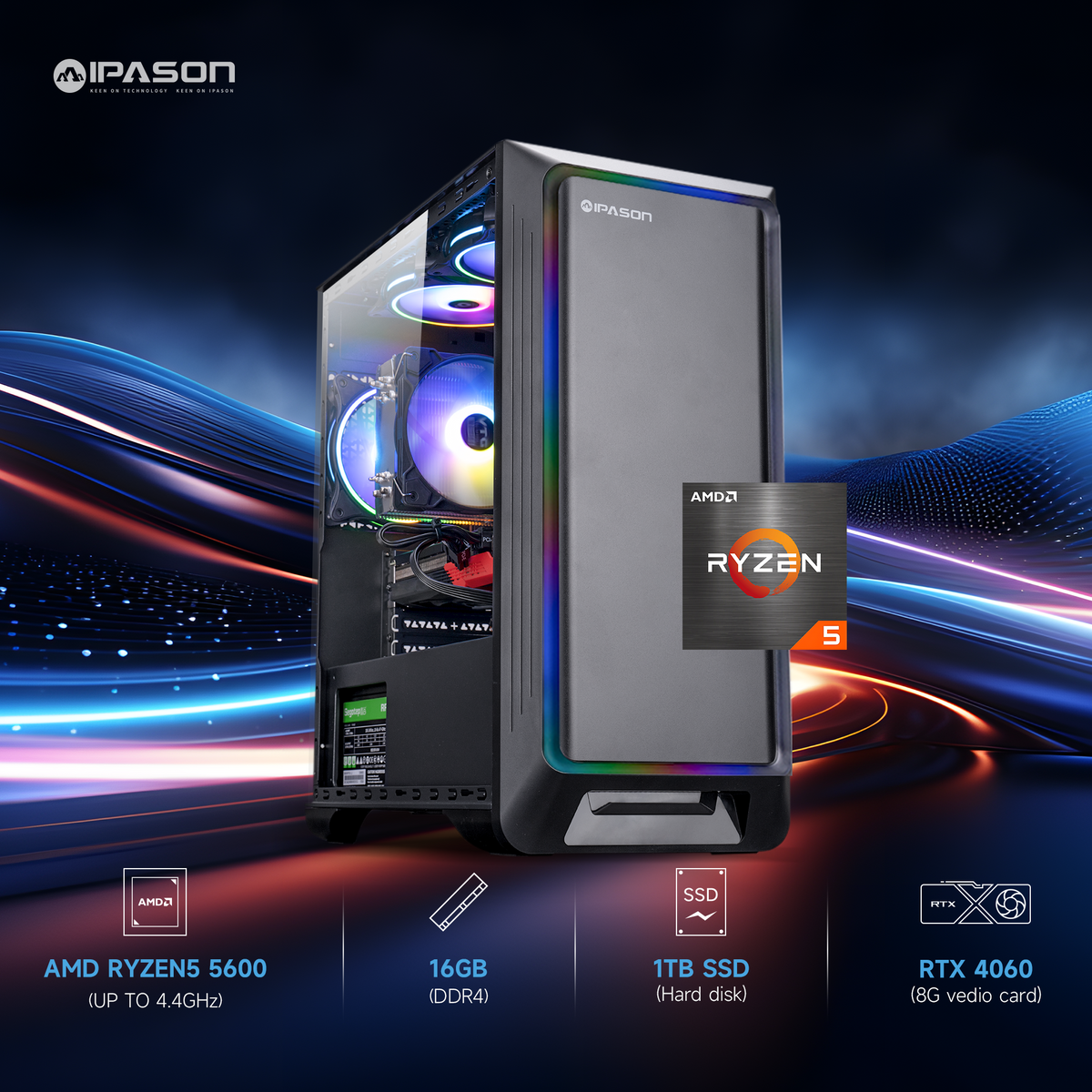 Ipason IPASON FireDragon G1 Pro AMD Ryzen 5 5600 up to 4.4 GHz RTX4060 DDR4 16G Kingston Nvme 1T M.2 SSD Windows 11 Home Pc Computer