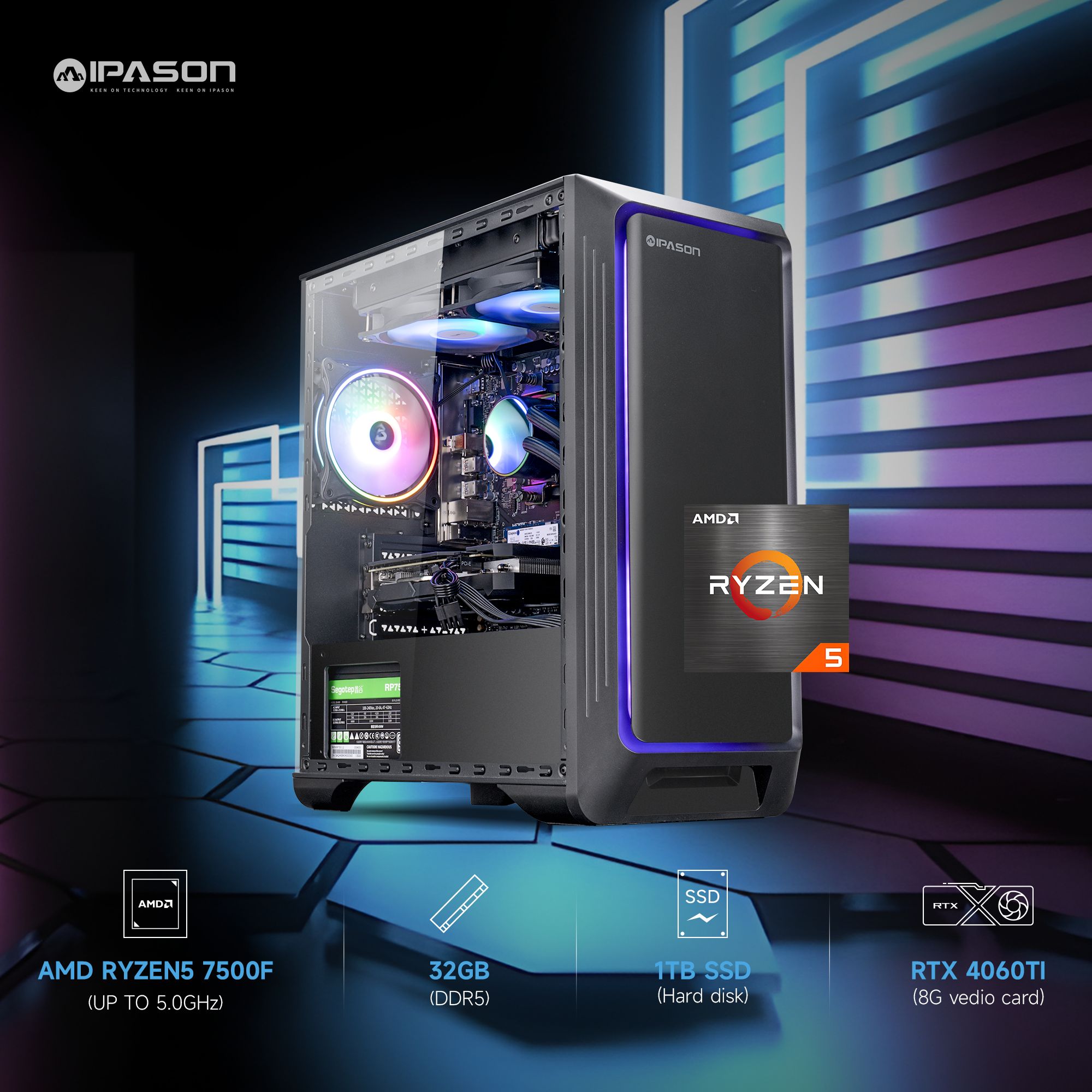 Ipason IPASON FireDragon G1 SE Pro AMD Ryzen 5 7500F up to 5.0GHz RTX4060TI DDR5 32G 5600MHz1T M.2 SSD Windows 11 Home Pc for Gaming