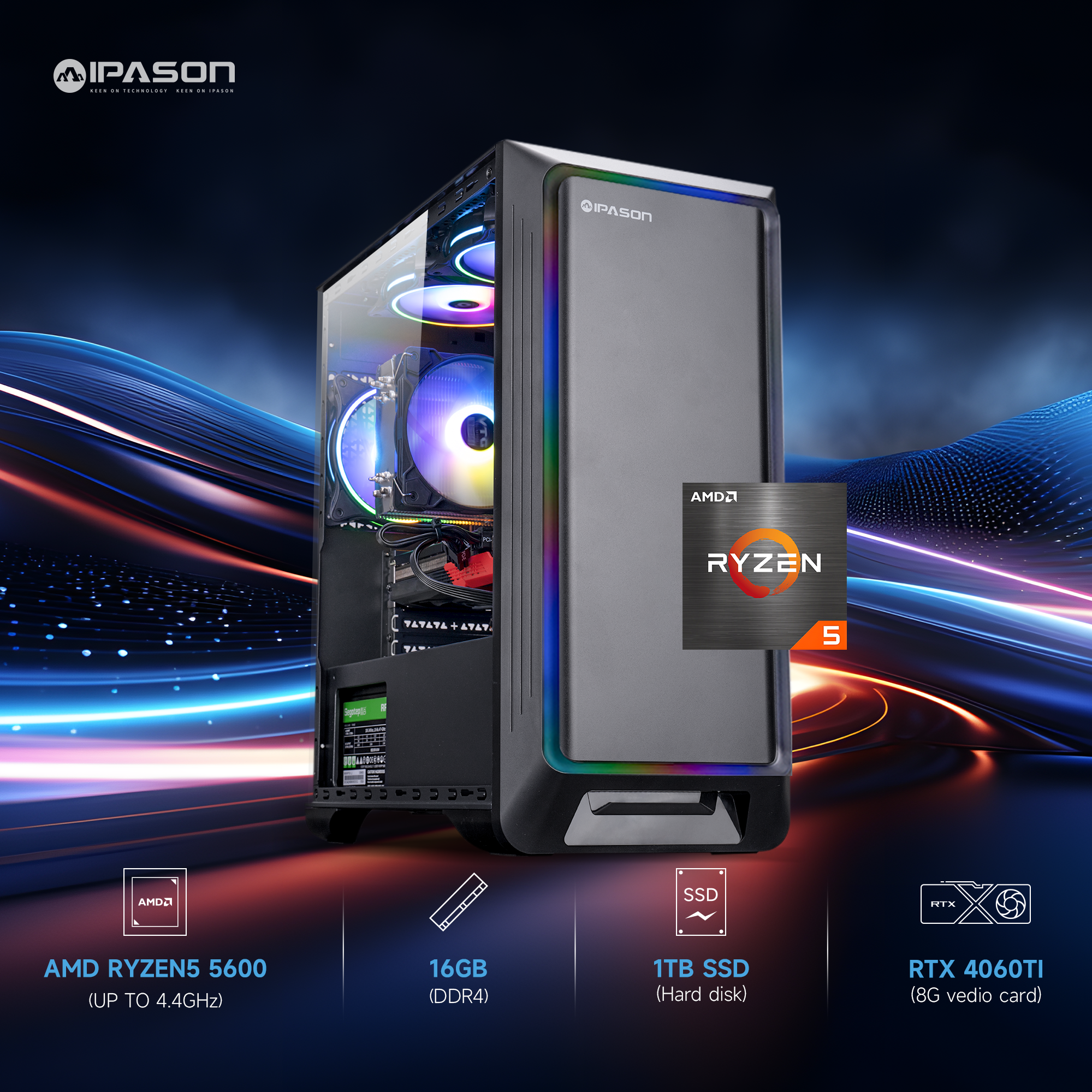 Ipason IPASON FireDragon G1 AE AMD Ryzen 5 5600 6x Cores 12x Threads up to 4.4 GHz RX7600 16G Ram Kingston Nvme 1T M.2 SSD Windows 11 Home Desktop Gaming Pc