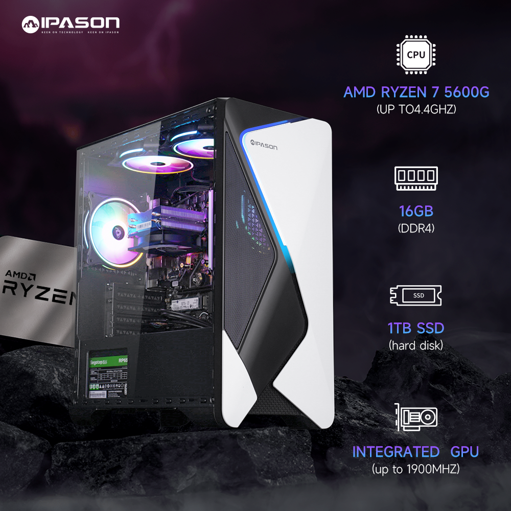 Ipason Battlefield S7 AMD Ryzen 5 5600G 6x Cores 12x Threads up to 4.4GHz Radeon Grap hics DDR4 16G 3200MHz Kingston Nvme 1T M.2 SSD Windows 11 Home Gaming Desktop PC
