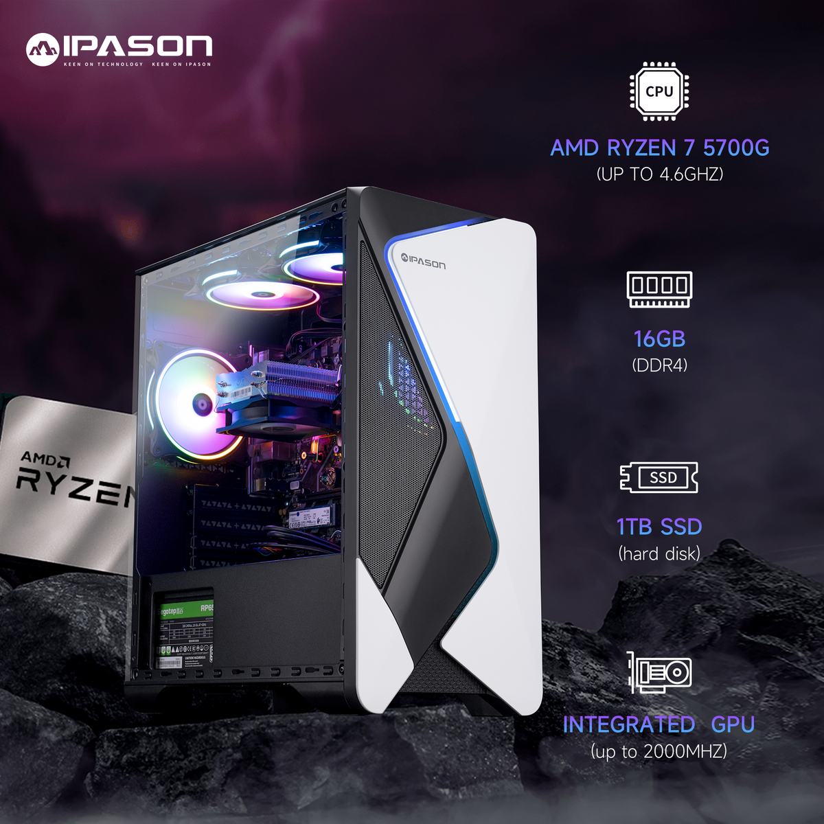 Ipason Battlefield S7 Pro AMD Ryzen 7 5700G 8x Cores 16x Threads up to 4.6GHz Radeon Graphics DDR4 16G 3200MHz Kingston Nvme 1T M.2 SSD Windows 11 Home