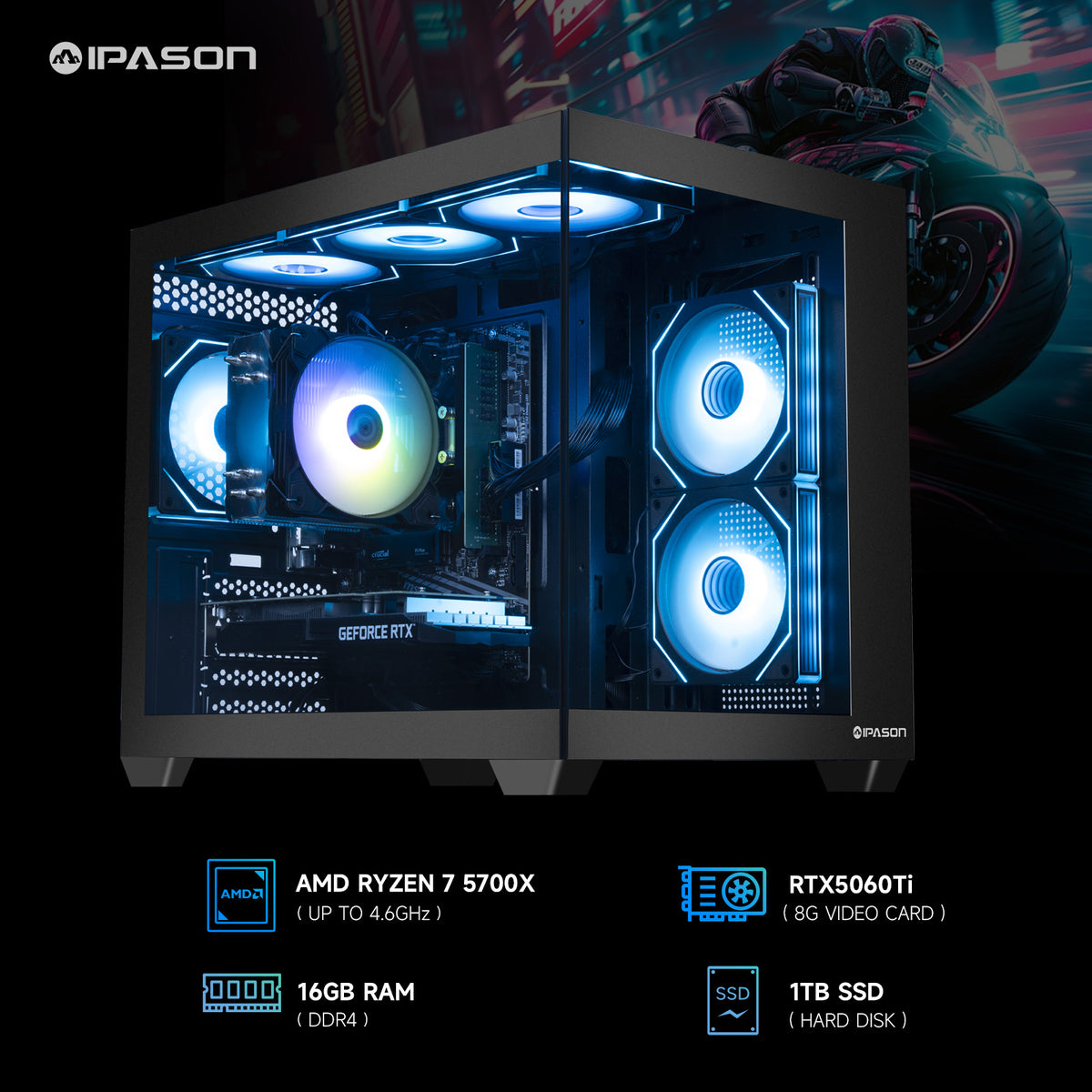 IPASON Prebuilt Gaming Desktop PC, Ryzen 7 5700X,NVIDIA RTX 5060 Ti 16GB DDR4 RAM, 1TB NVMe SSD, 550W PSU, Liquid Cooler, Wi-Fi, RGB Fans, Windows 11