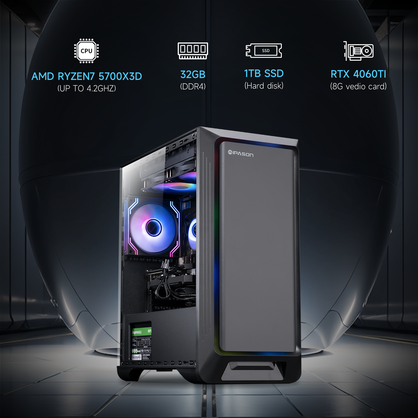 Ipason IPASON FireDragon G1 Max AMD Ryzen 7 5700X3D 8x Cores 16x Threads up to 4.10 GHz Colorful GeForce RTX 4060TI DUO 8G V2 DDR4 32G 3200MHz (2 x 16GB) Kingston Nvme 1T M.2 SSD Windows 11 Home